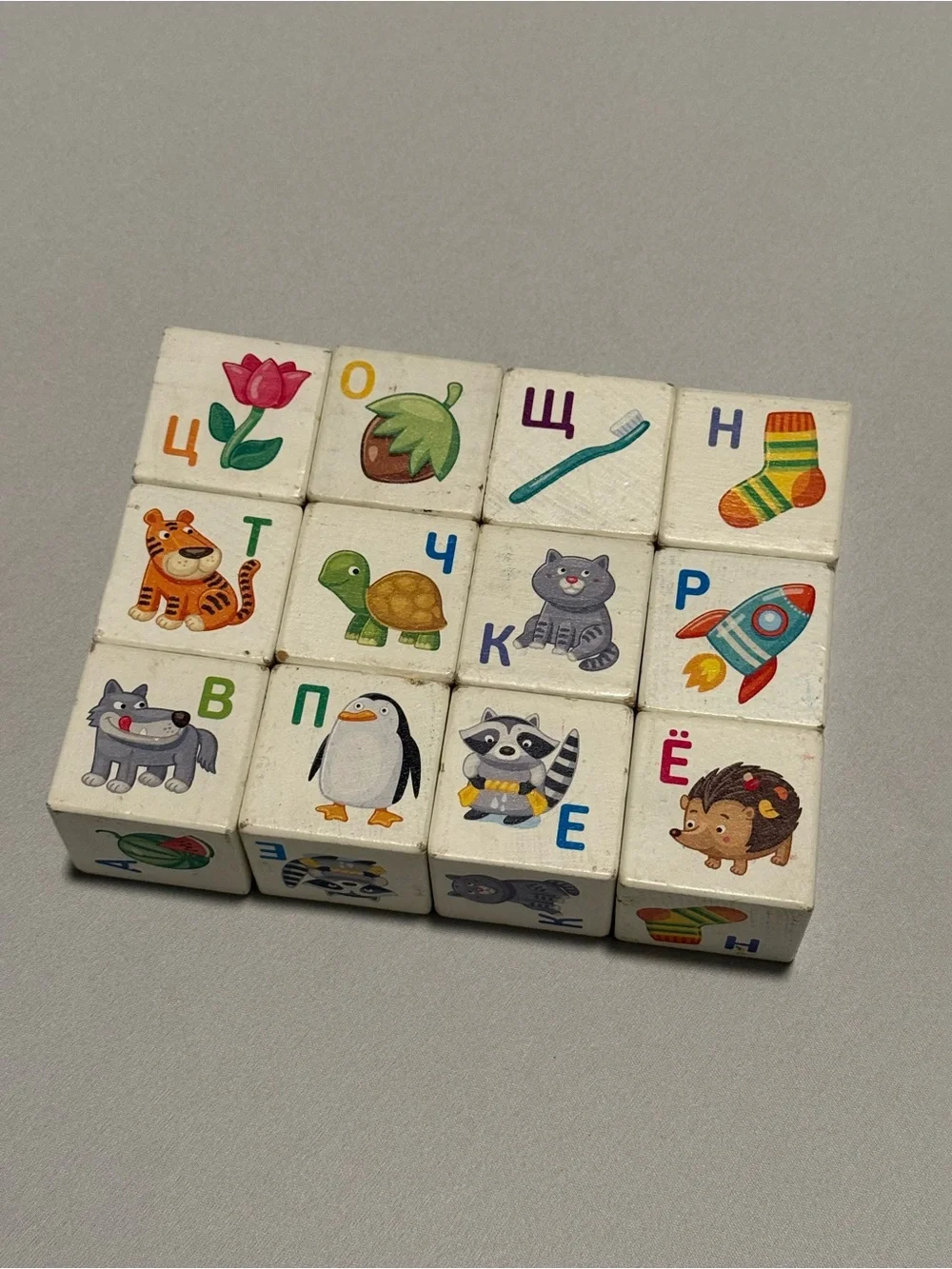 Wooden Russian Alphabet Blocks with Animal & Object Illustrations, 12 count